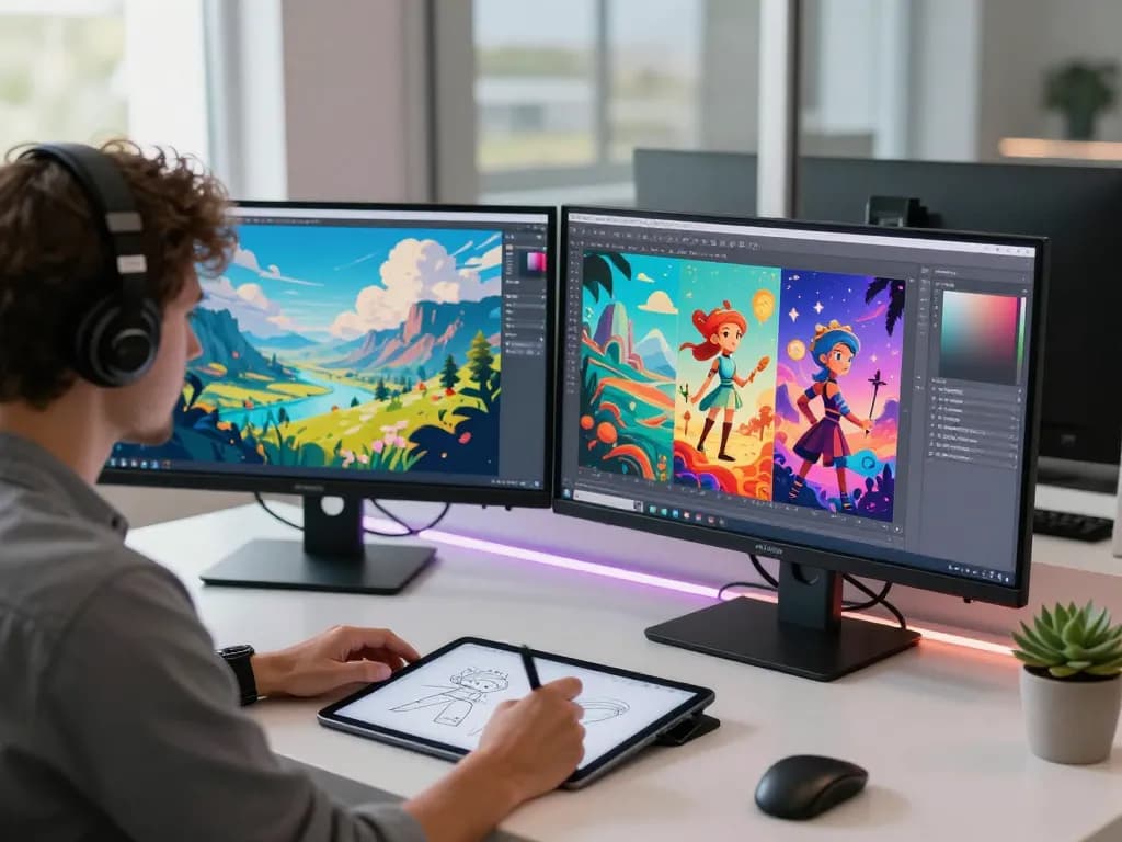Digital artist using Nano Banana Pro in a vibrant creative workspace with dual monitors and ambient lighting.