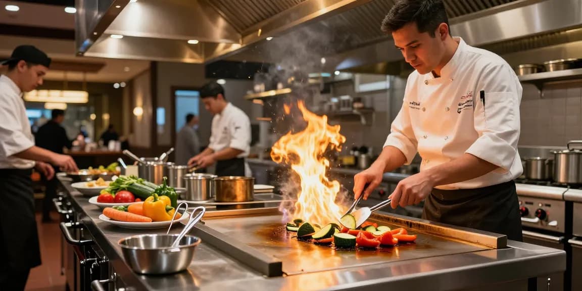 Chef cooking on commercial griddles in a vibrant professional kitchen.