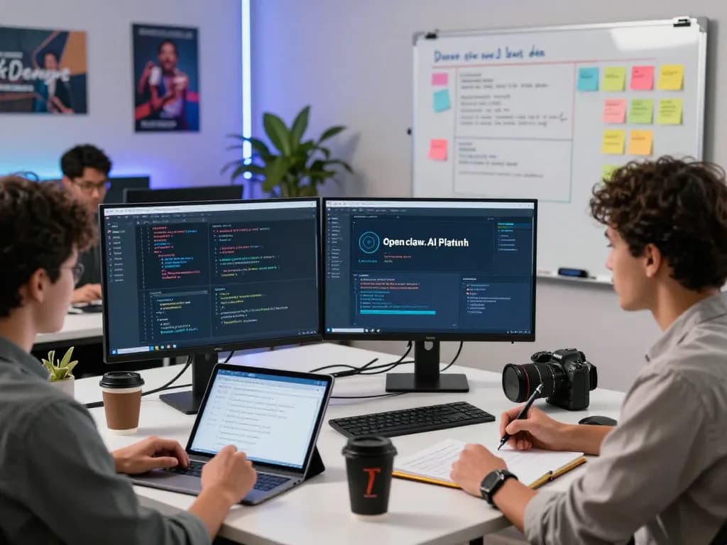 Developers collaborating using the open claw AI platform in a modern workspace