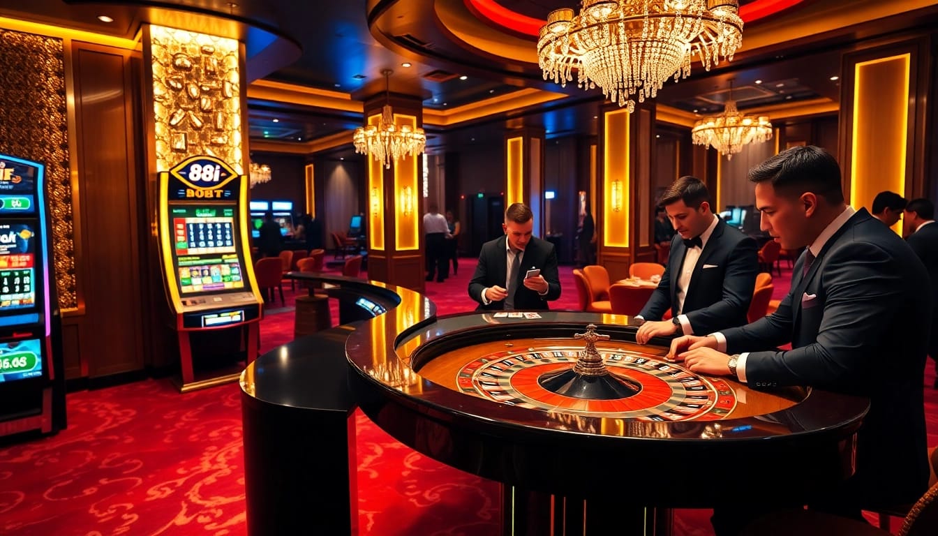 Experience the thrill of 88i bet at an elegant casino with players at the roulette table.