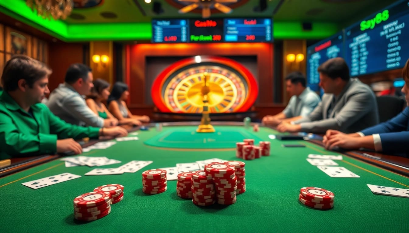 Experience the thrilling atmosphere of say88 casino with dynamic gameplay at a poker table.