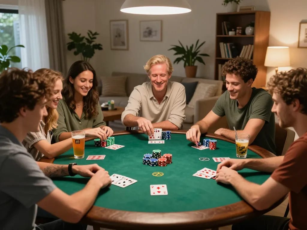 Friends enjoying a fun Game tài xỉu session at home with colorful chips and cards.