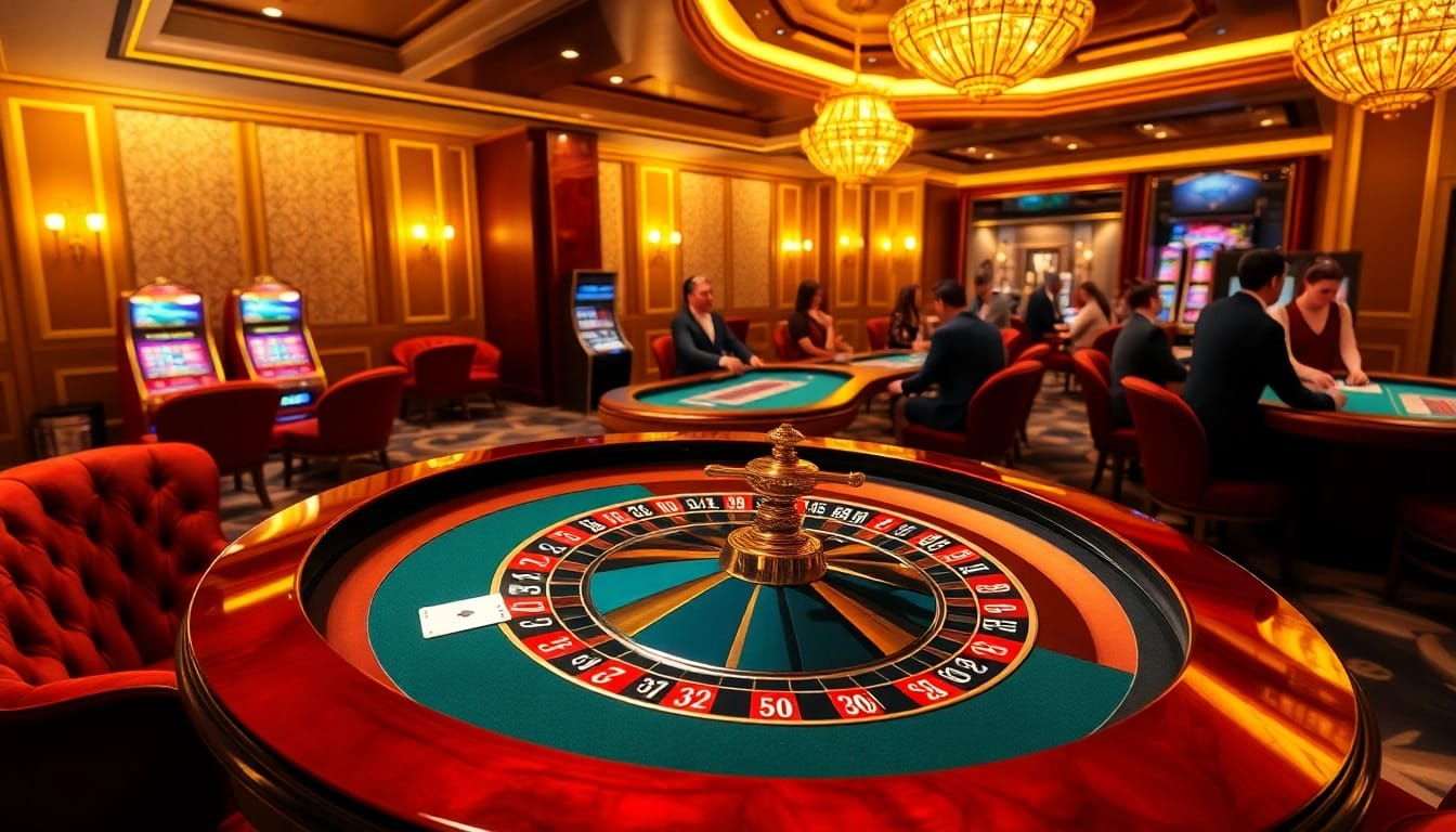 Experience high-stakes gambling action at https://debet23.com/ with players at a luxurious roulette table.