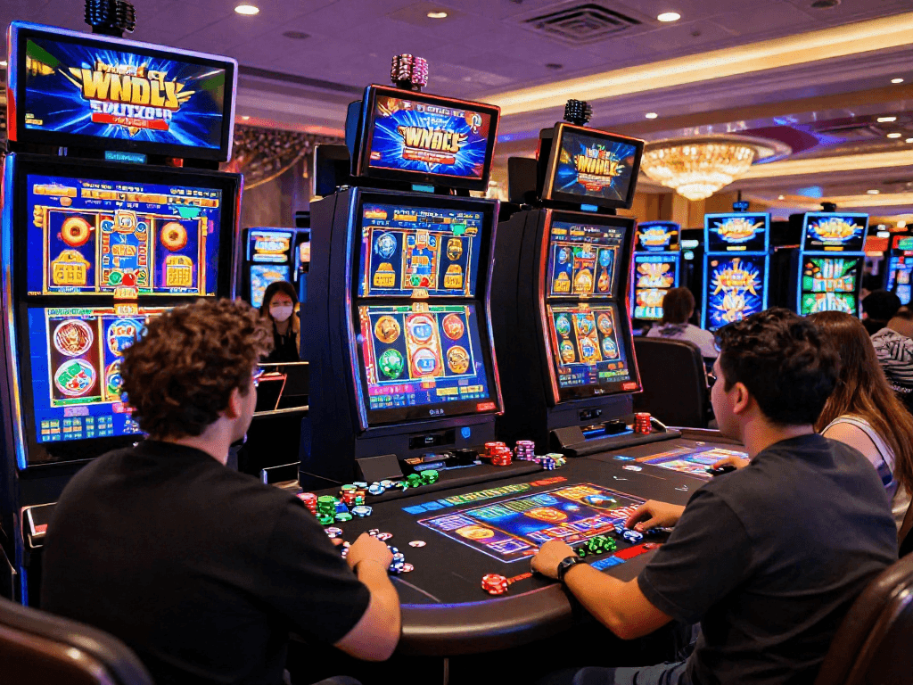 Exciting gameplay at USA slot sites with diverse players enjoying vibrant virtual casino atmosphere.