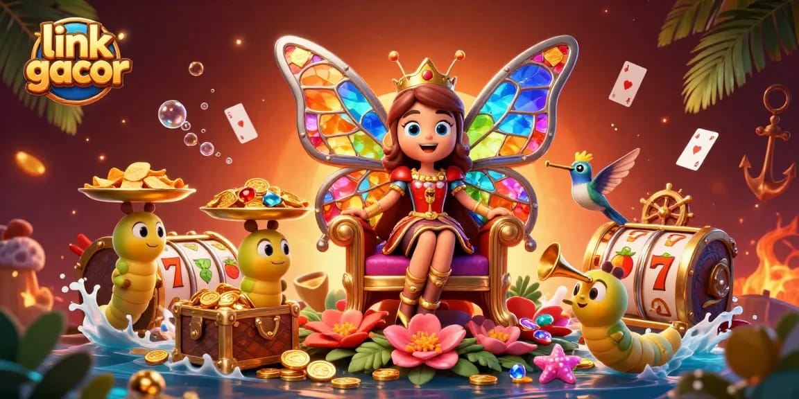 Engage with the excitement of link gacor featuring vibrant characters and animated casino elements in a lush setting.