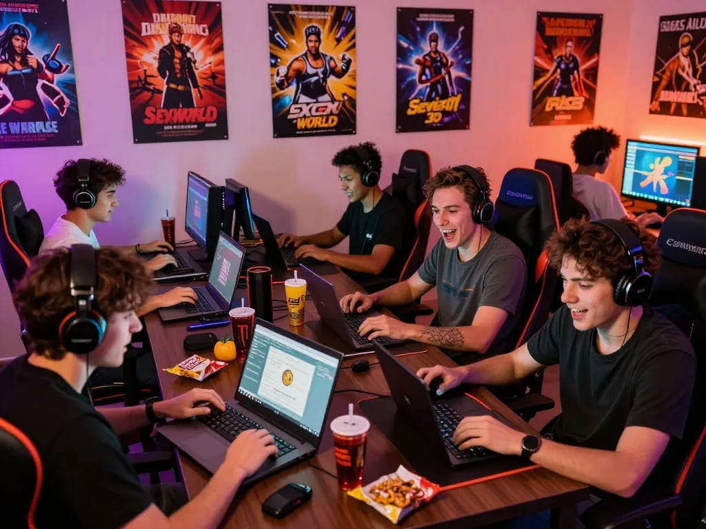 Engaged gamers enjoying diverse porn games online in a vibrant setting, capturing excitement and community.