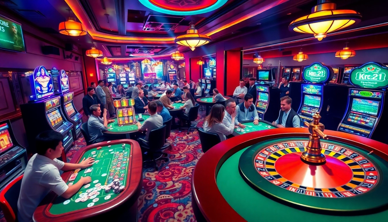 KJC AC 3 vibrant casino scene with players at tables, slot machines, and roulette wheel.