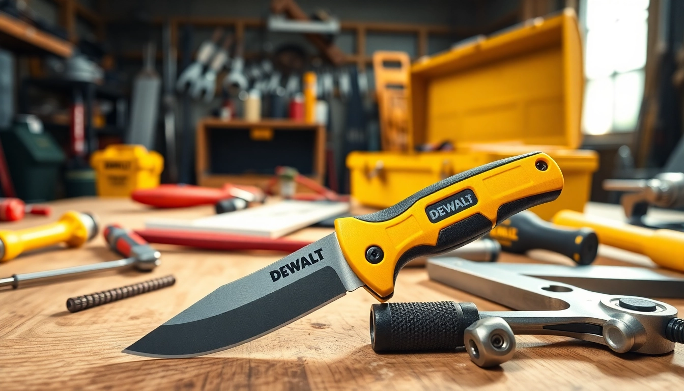 Dewalt knife resting on a workbench, showcasing its ergonomic features and sharp blade.
