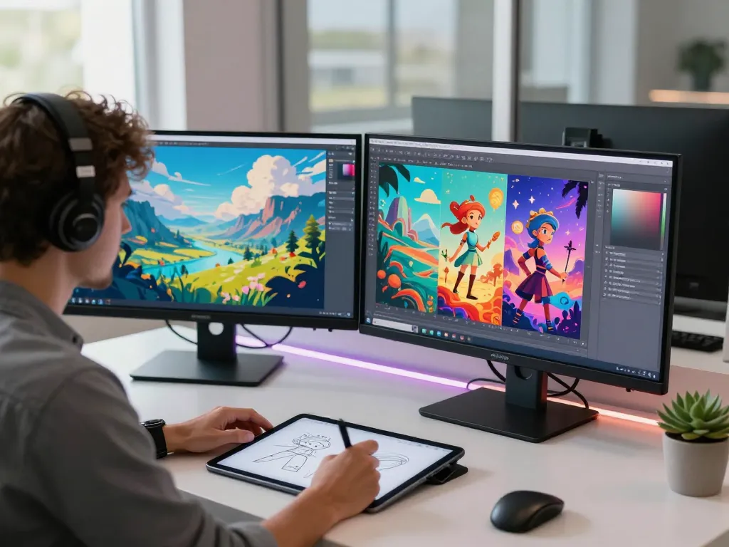 Digital artist using Nano Banana Pro in a vibrant creative workspace with dual monitors and ambient lighting.