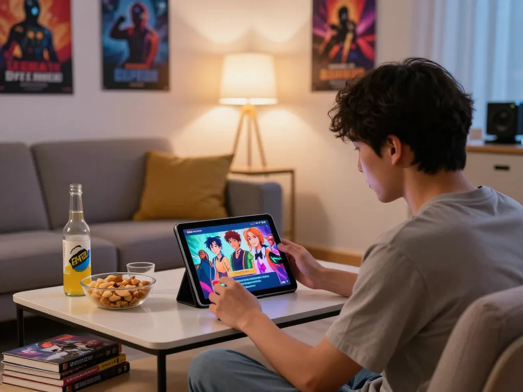 Engaging scene of a male player enjoying a porngame on a tablet in a cozy living room, with vibrant visuals and snacks.