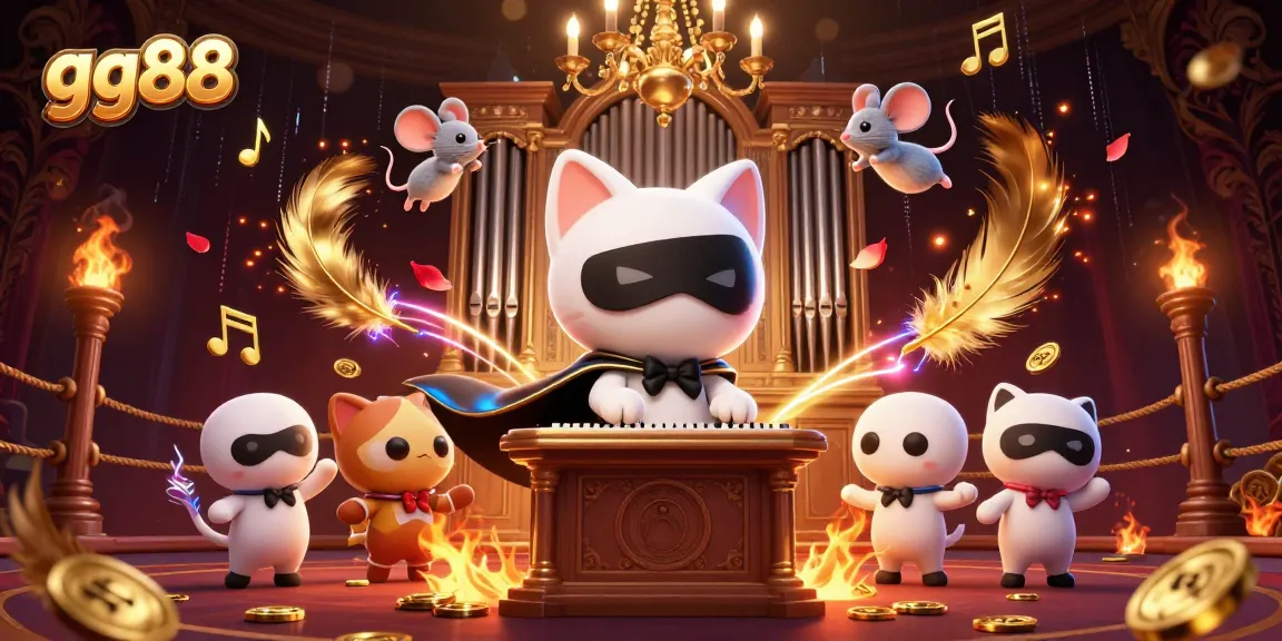 Join the excitement at gg88 with a dynamic casino scene featuring a masked cat and acrobat amidst golden tokens.