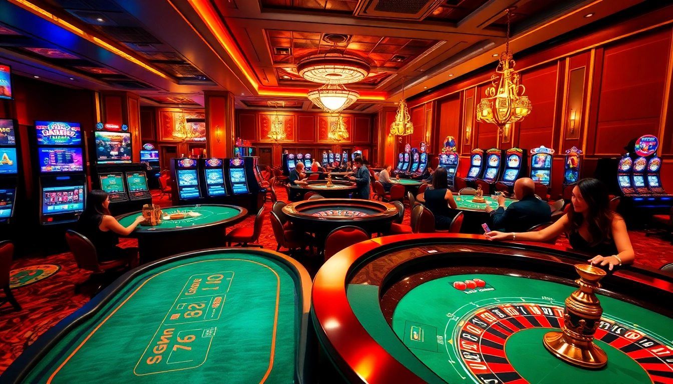 The thrilling atmosphere of c54.gb.net showcasing players winning at poker tables and slot machines.