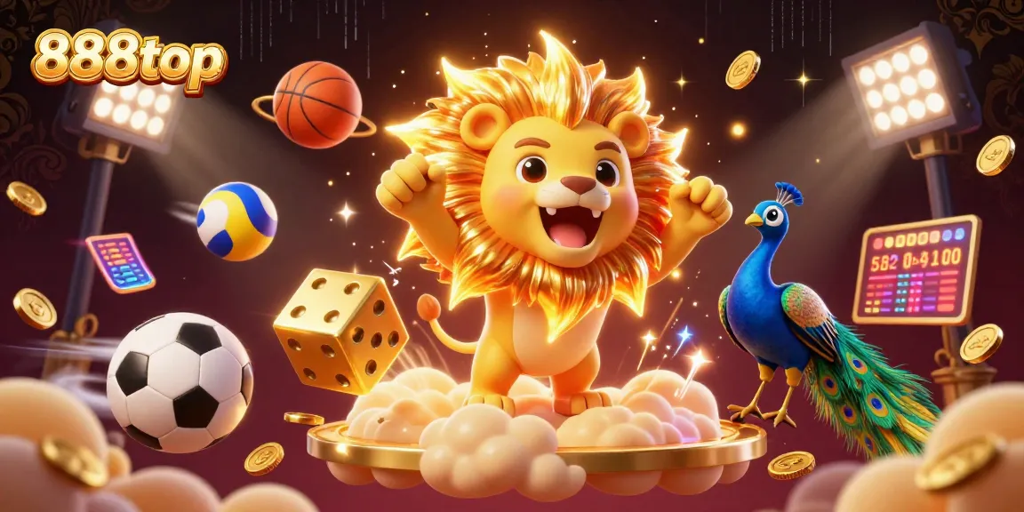 Experience thrilling gambling action with 888top in a vibrant 3D illustration featuring a roaring sun lion, golden dice, and dynamic sports elements.