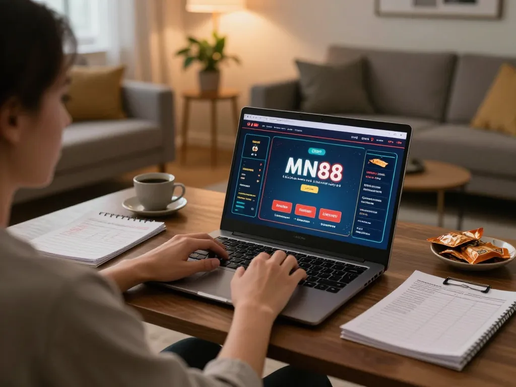Engaging in strategic online gaming at home with mn88 link displayed on screen, creating a relaxing gambling atmosphere
