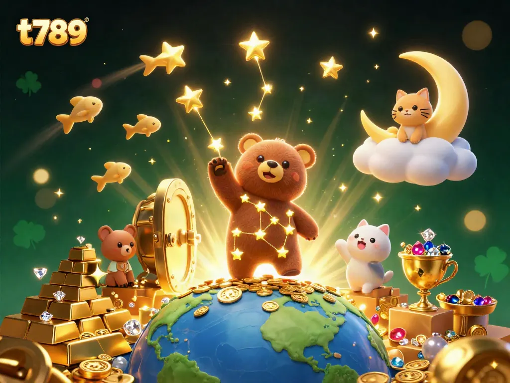 Win at t789 as starry bear scoops coins in a vibrant casino scene full of treasures.