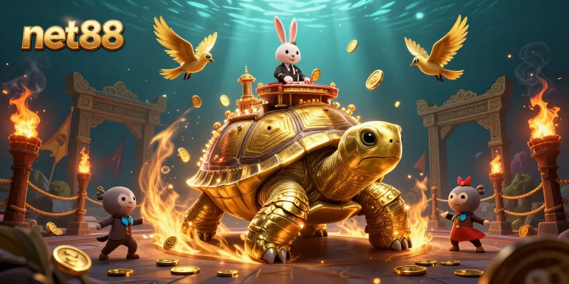 Experience the thrill of net88 with a vibrant 3D casino scene featuring a golden tortoise and dealer.