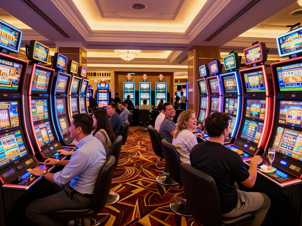 Players enjoying dynamic slot machine games at n188's vibrant casino floor.