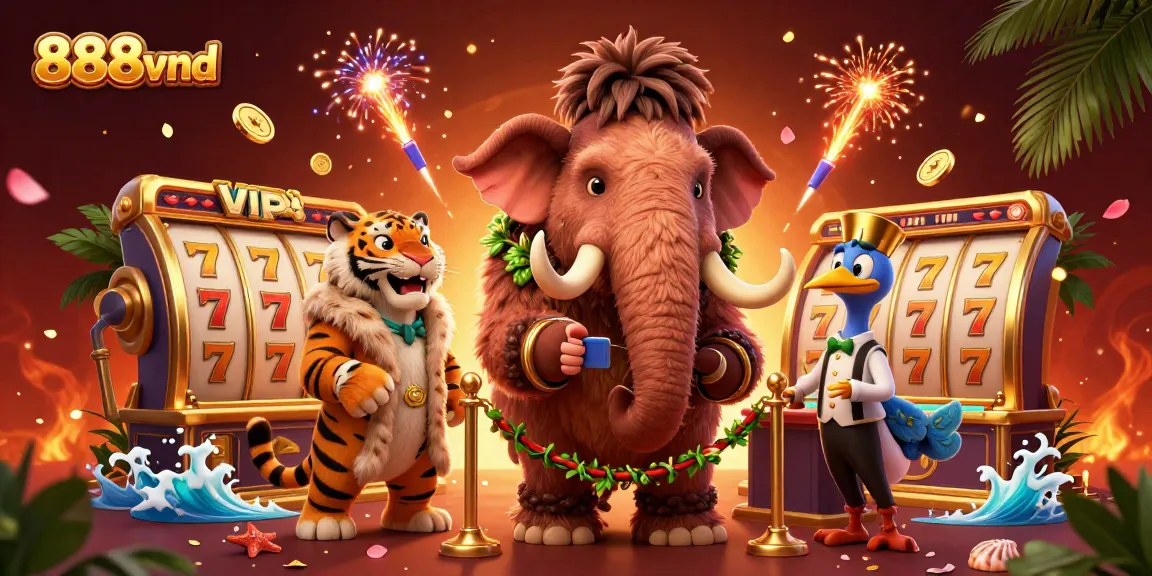 Join the excitement at 888vnd with a vibrant casino scene featuring a woolly mammoth bouncer and slot game action.