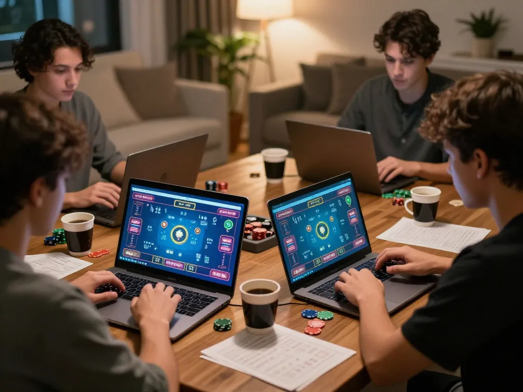 Players engaging in an online poker game on jun88 with vibrant game displays, showcasing strategic gameplay.