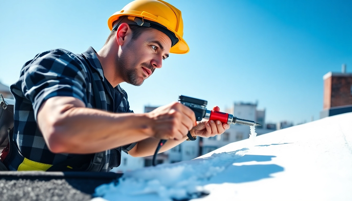 Inspecting spray foam roof damage with tools on a rooftop, showcasing urban background