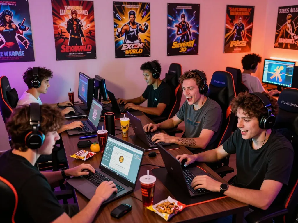 Engaged gamers enjoying diverse porn games online in a vibrant setting, capturing excitement and community.