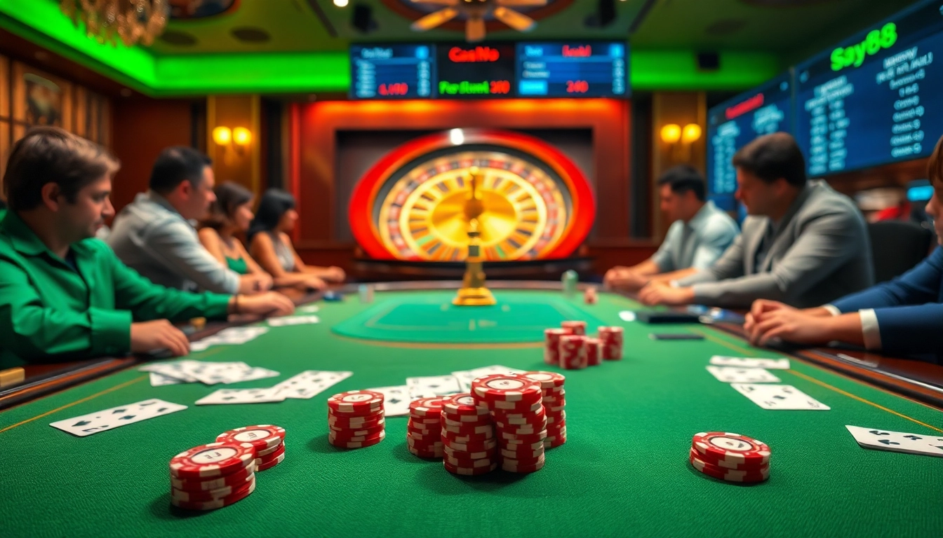 Experience the thrilling atmosphere of say88 casino with dynamic gameplay at a poker table.