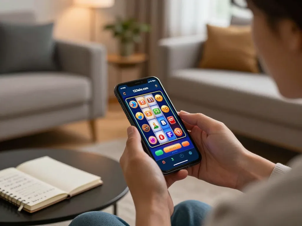 Engaging with the 123win com casino app on mobile, showcasing a vibrant slot game for strategic gameplay.