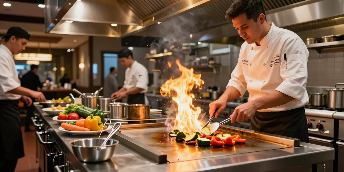 Chef cooking on commercial griddles in a vibrant professional kitchen.