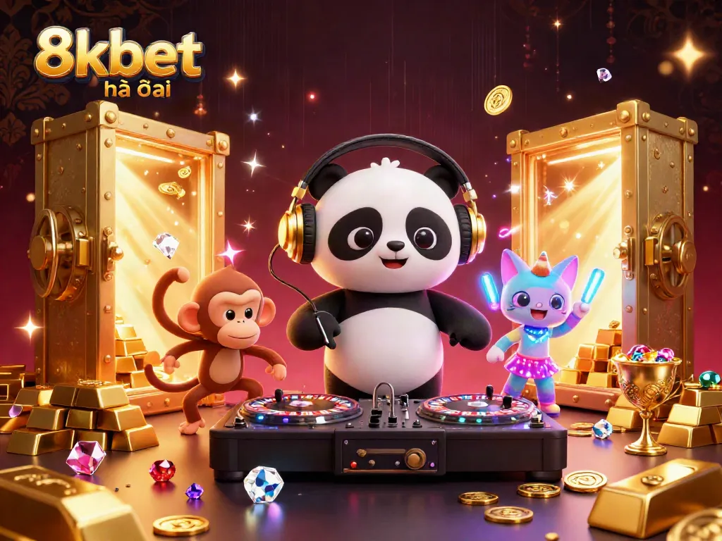 Experience thrilling gameplay with 8xbet nhà cái in this vibrant casino scene featuring a DJ panda, dancing monkey, and glowing kitten.