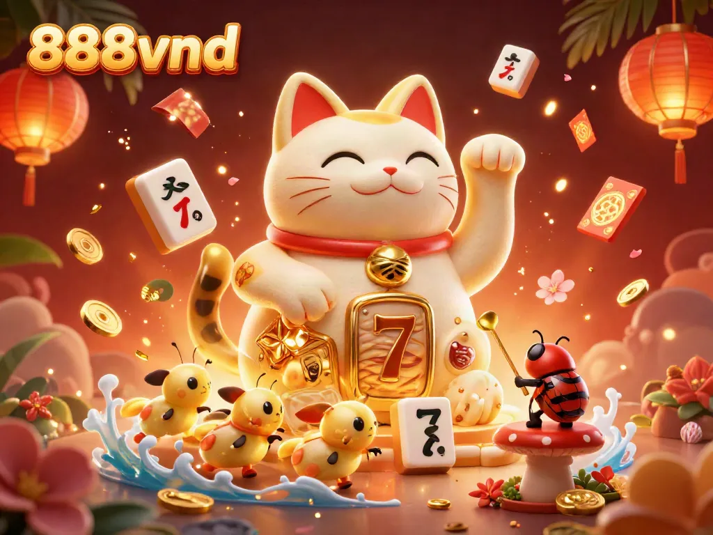 Experience thrilling gaming with 888vnd's giant lucky cat illustration, filled with vibrant casino elements.