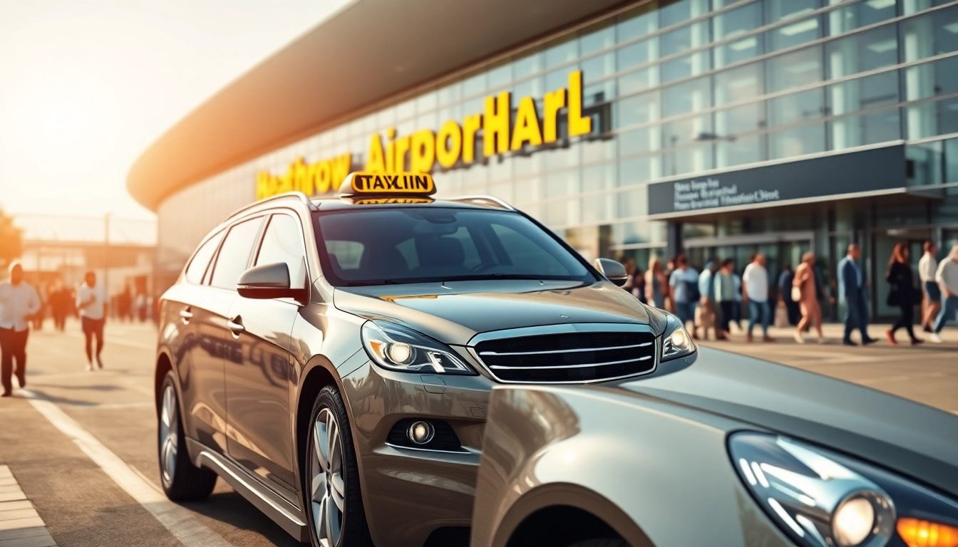 Heathrow taxi service showcasing a professional vehicle and airport terminal.