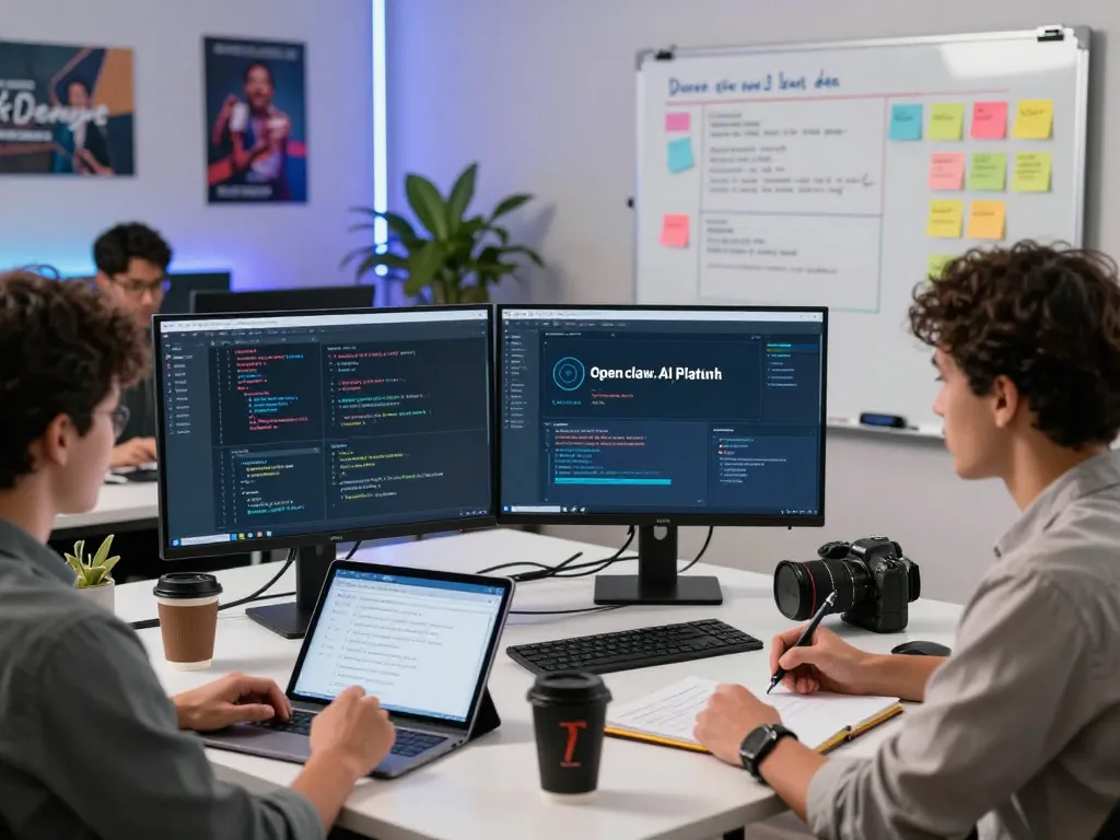 Developers collaborating using the open claw AI platform in a modern workspace
