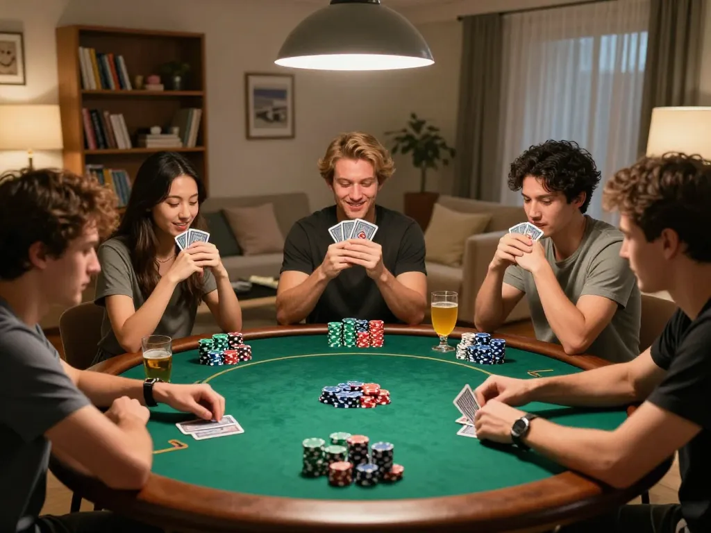 Fly88 com hosts a thrilling poker night, showcasing engaging gameplay among friends with colorful poker chips.