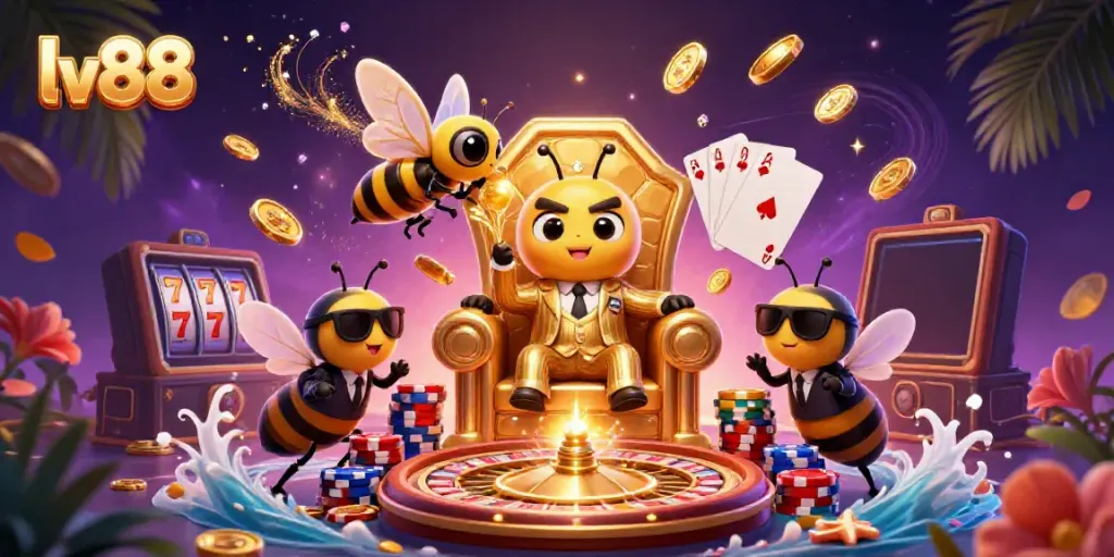 Experience the thrill of gambling with lv88 in this vibrant, colorful casino illustration.