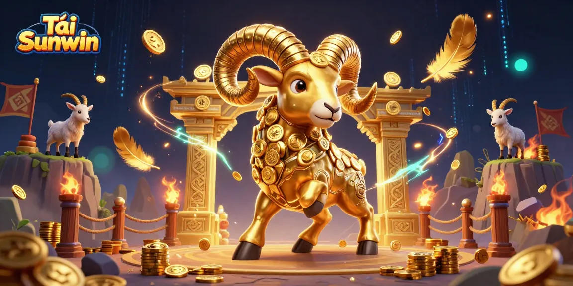 Tải Sunwin showcases an exciting 3D cartoon scene with a golden ram charging through a vibrant gambling arena filled with coins and game elements.