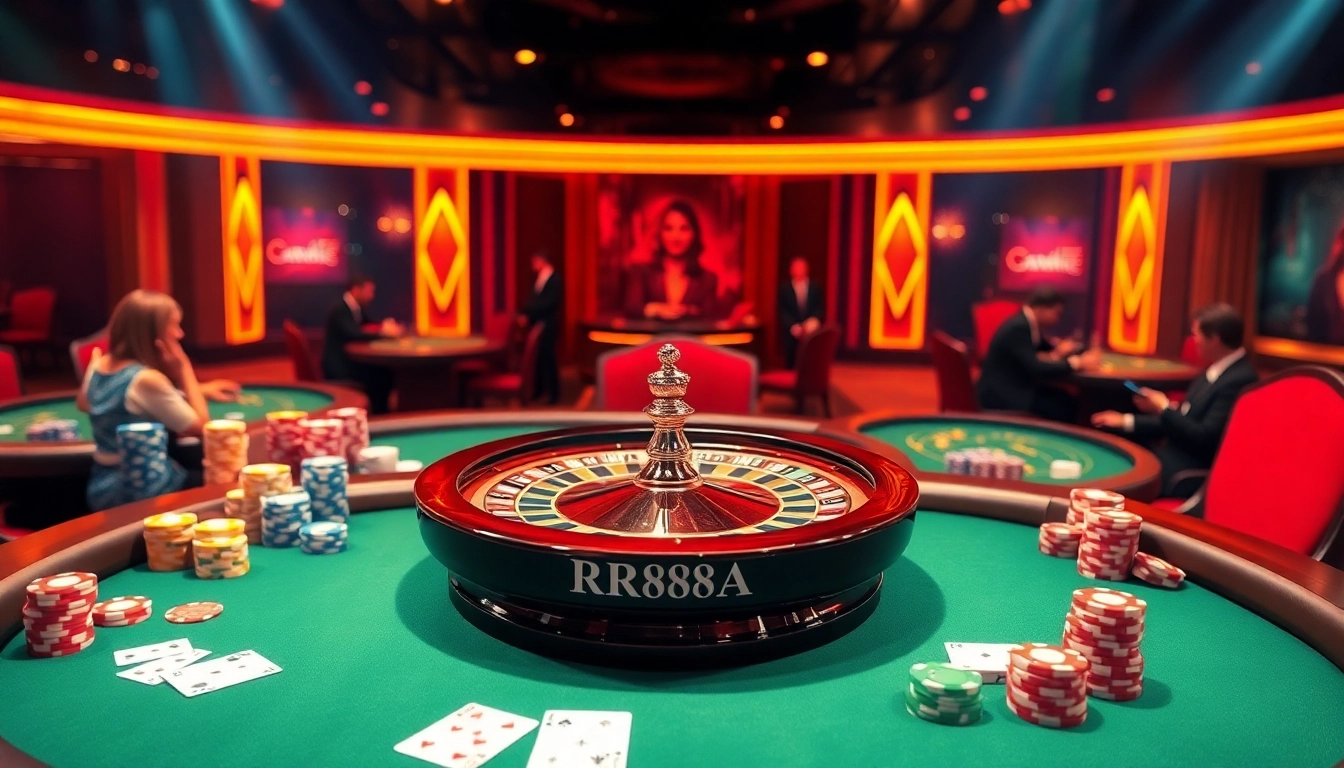 Experience the excitement of rr88ezcom with luxurious gaming scenes featuring roulette and poker setups.