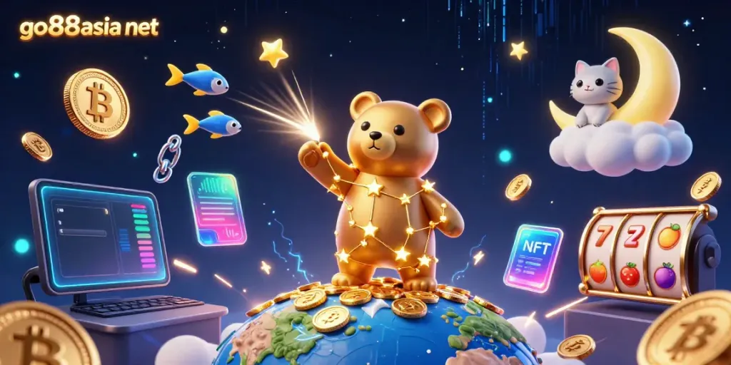 Engage with go88asia net in a vibrant gaming scene featuring constellation bear, golden coins, and energetic symbols.