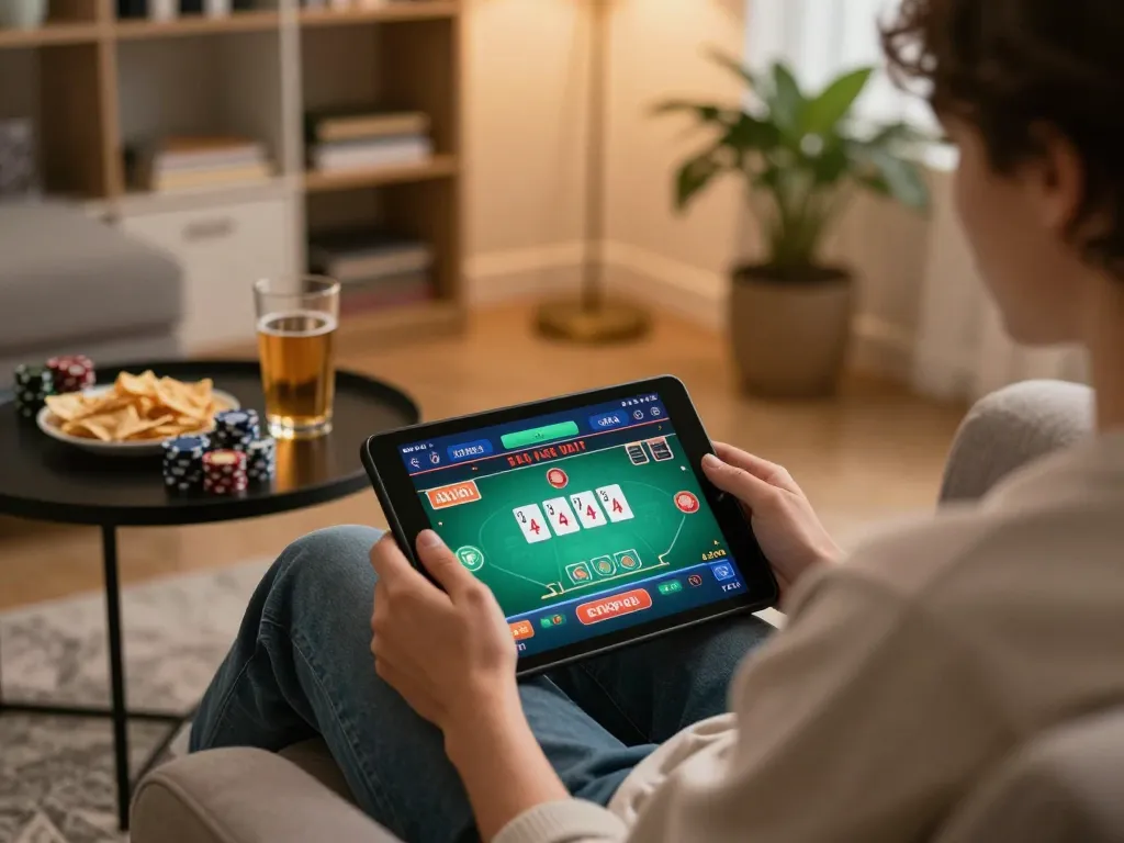 W88 user placing strategic bets on a tablet in a cozy home gaming setup.