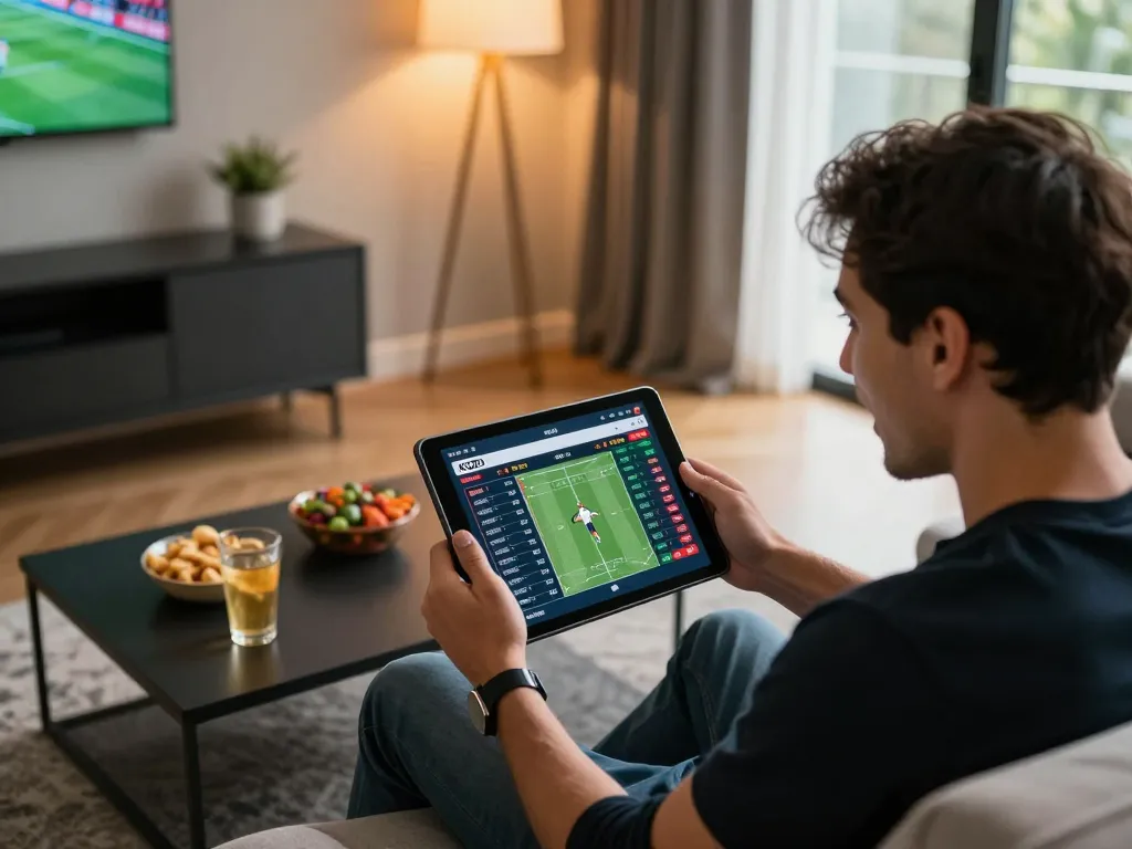 KQBD live football betting seen on a tablet while enjoying a comfortable and vibrant setting.