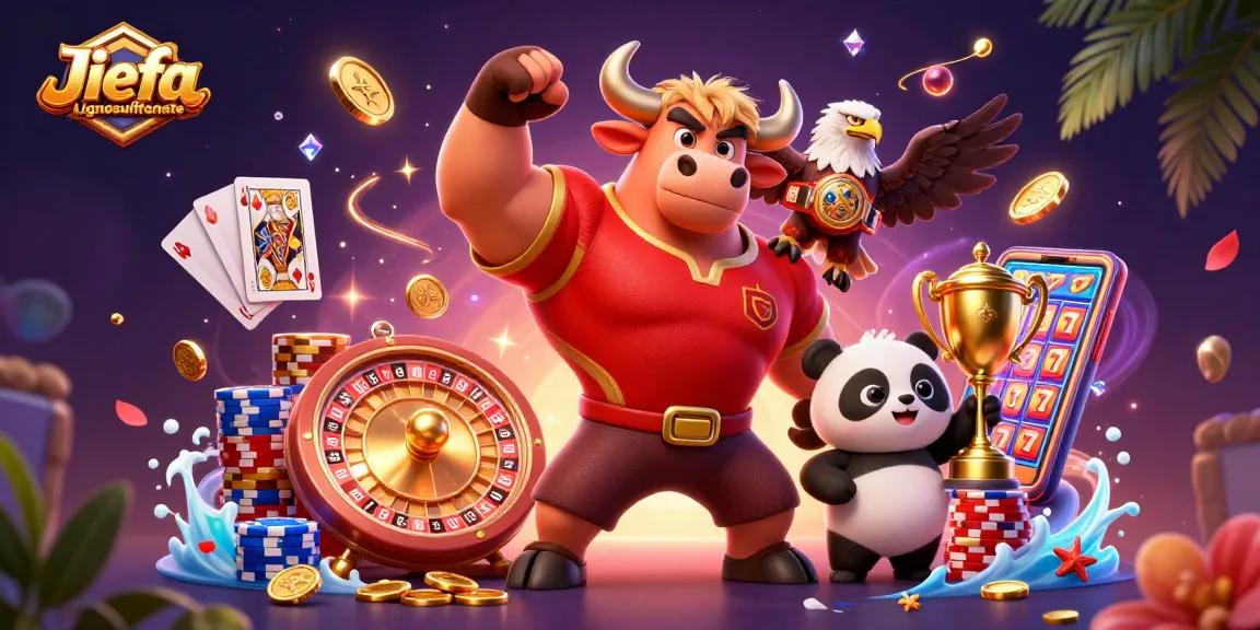 Engage with Jiefa Lignosulfonate as the bull mascot celebrates, surrounded by dynamic casino elements.