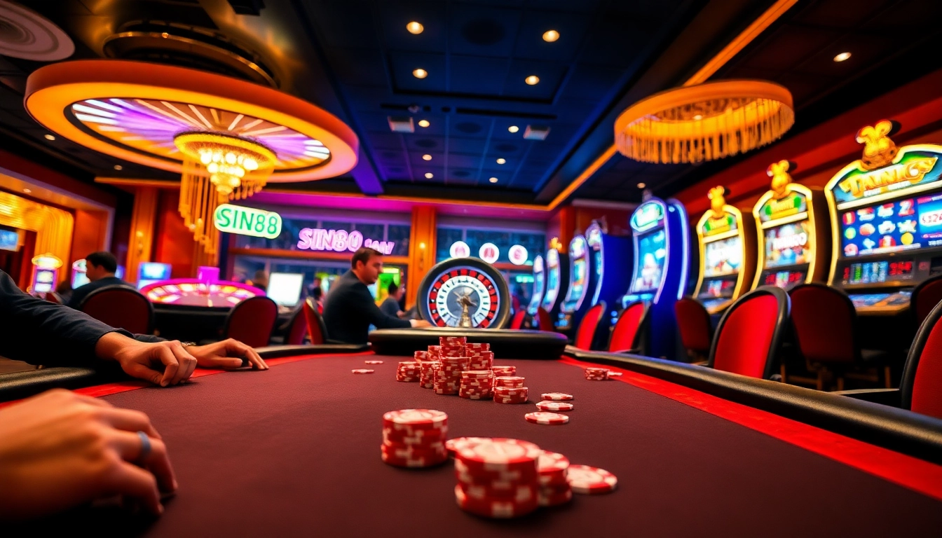 SIN88 vibrant casino gameplay featuring poker chips and an exciting roulette wheel.