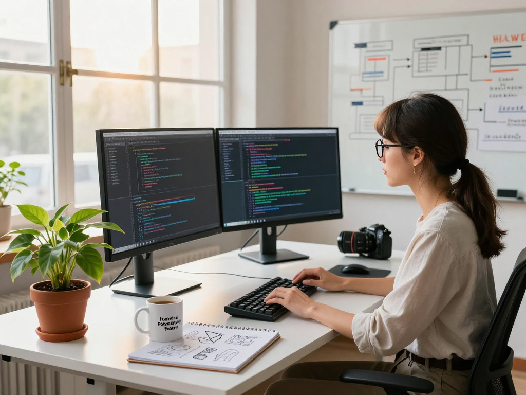 Dynamic tech workspace featuring a developer coding with juicy ai tools in a vibrant environment.