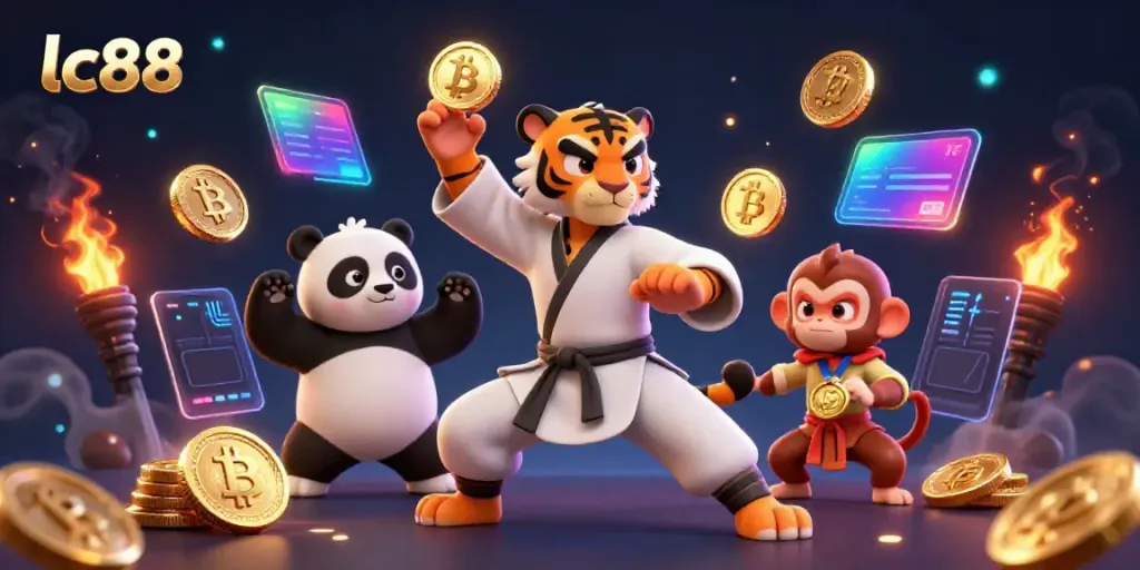 Engage with lc88's thrilling world of gambling through a vibrant 3D casino scene featuring gaming characters and cryptocurrency.