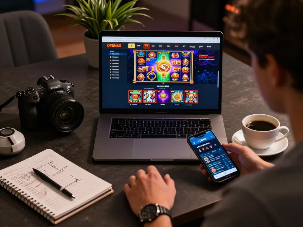 Engaging online gambling setup showcasing the Open88 uy tín #1 interface with strategic gameplay notes, emphasizing comfortable yet responsible gaming.