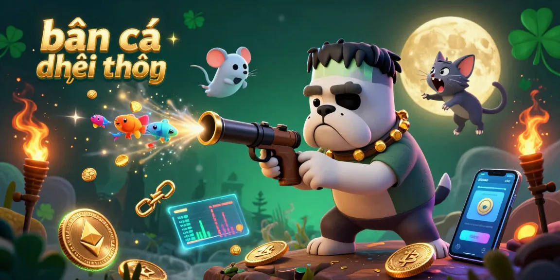 Bắn cá đổi thưởng scene featuring a 3D cartoon bulldog monster aiming a fish cannon, glowing coins, and vibrant sea life.