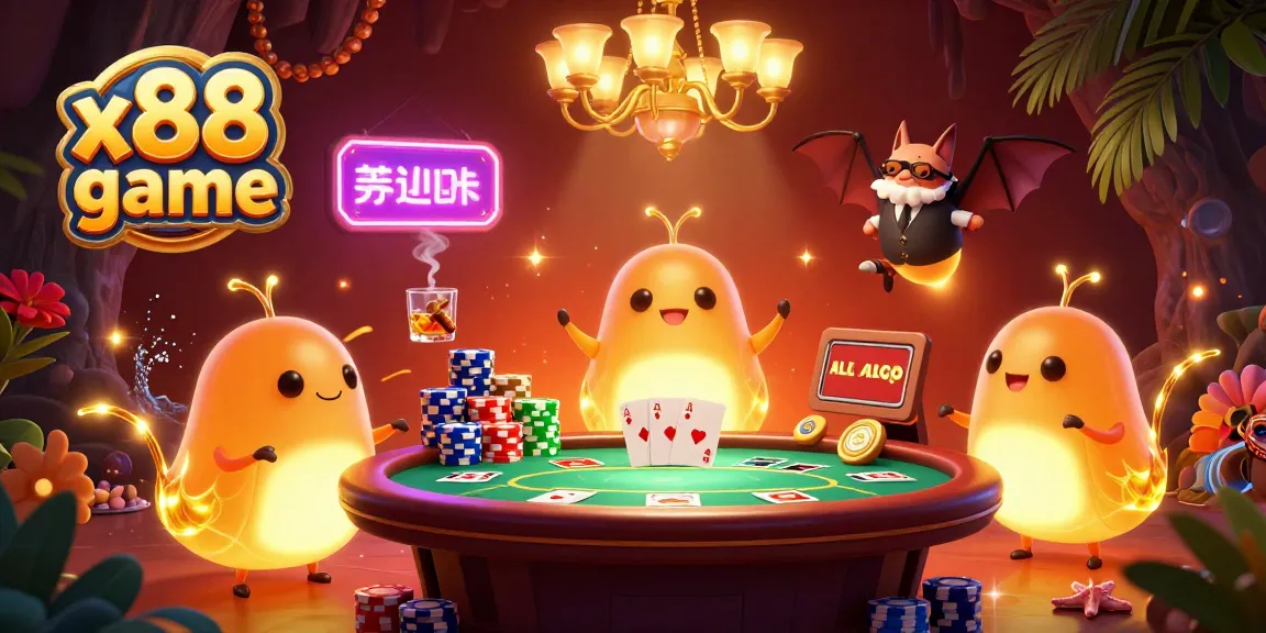 Illuminate your gaming experience with the x88 game’s lively casino scene featuring glowworms and a bat dealer.
