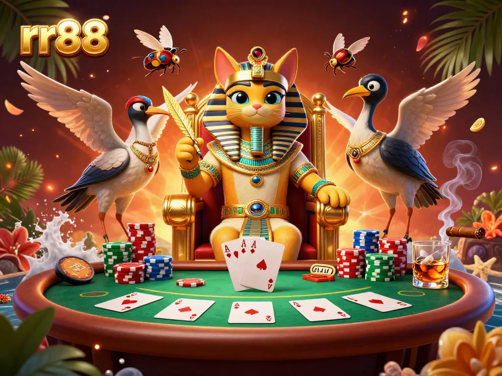 Experience the thrill of rr88 at a vibrant poker table with Egyptian-themed characters.