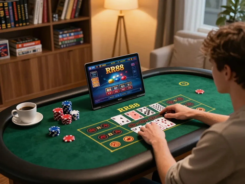Player enjoying RR88 online games at home, showcasing engaging gameplay and relaxed setting.