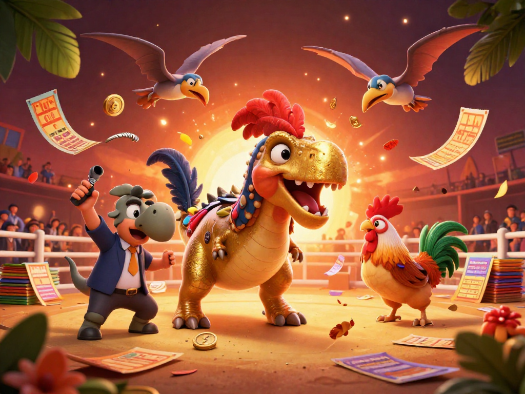 Experience the excitement of Đá gà 789win as a dinosaur headbutts a cockfighting arena, soaring tokens filling the air.