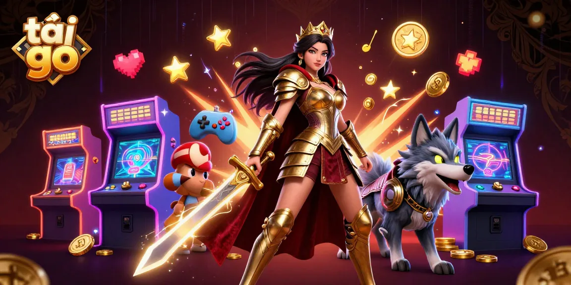 Experience the thrill of tải go 88 with a stunning warrior queen and her wolf companion amidst vibrant gaming elements.